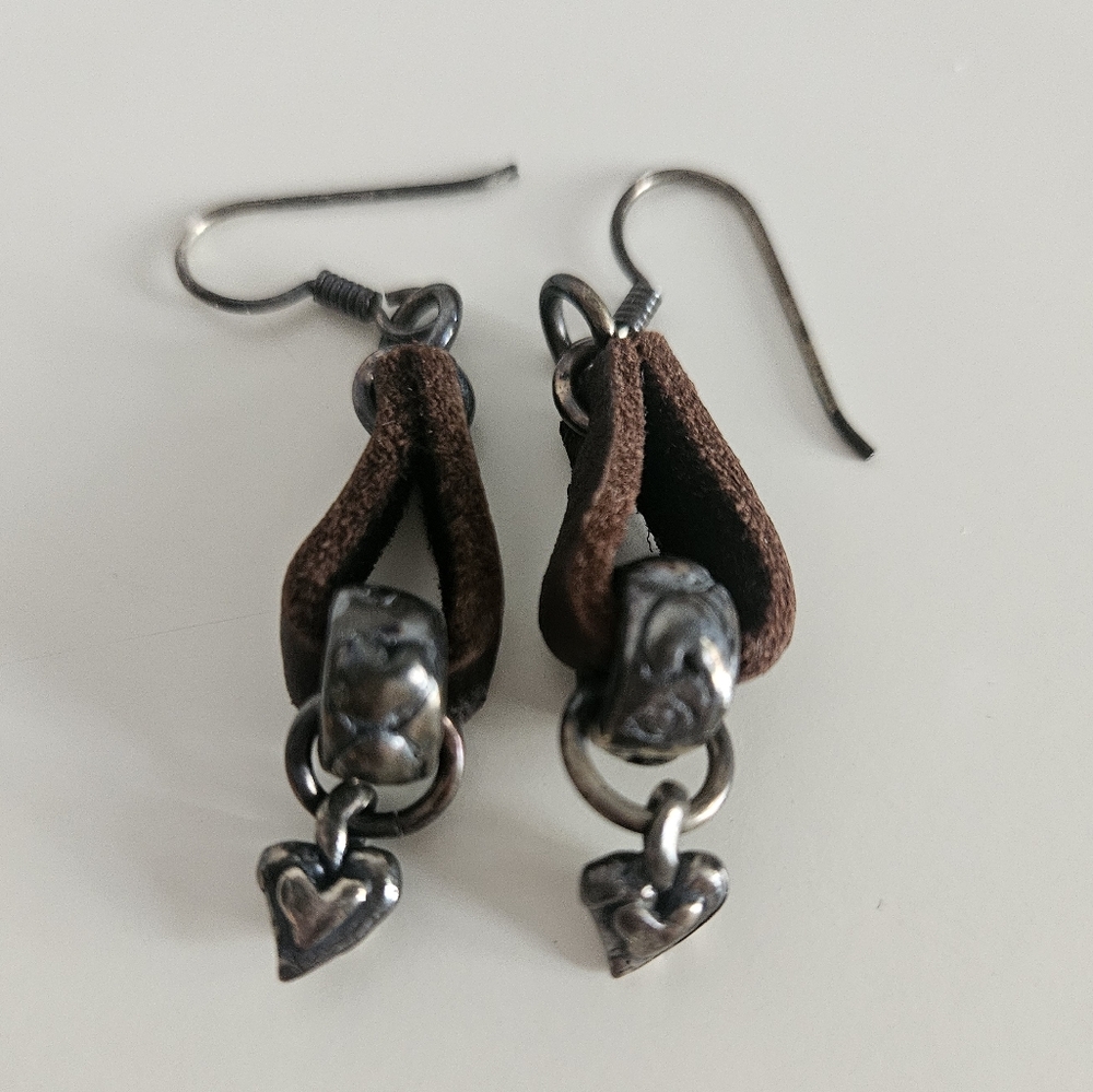Leather & Silver Heart Drop Earrings | SZ 1.5"